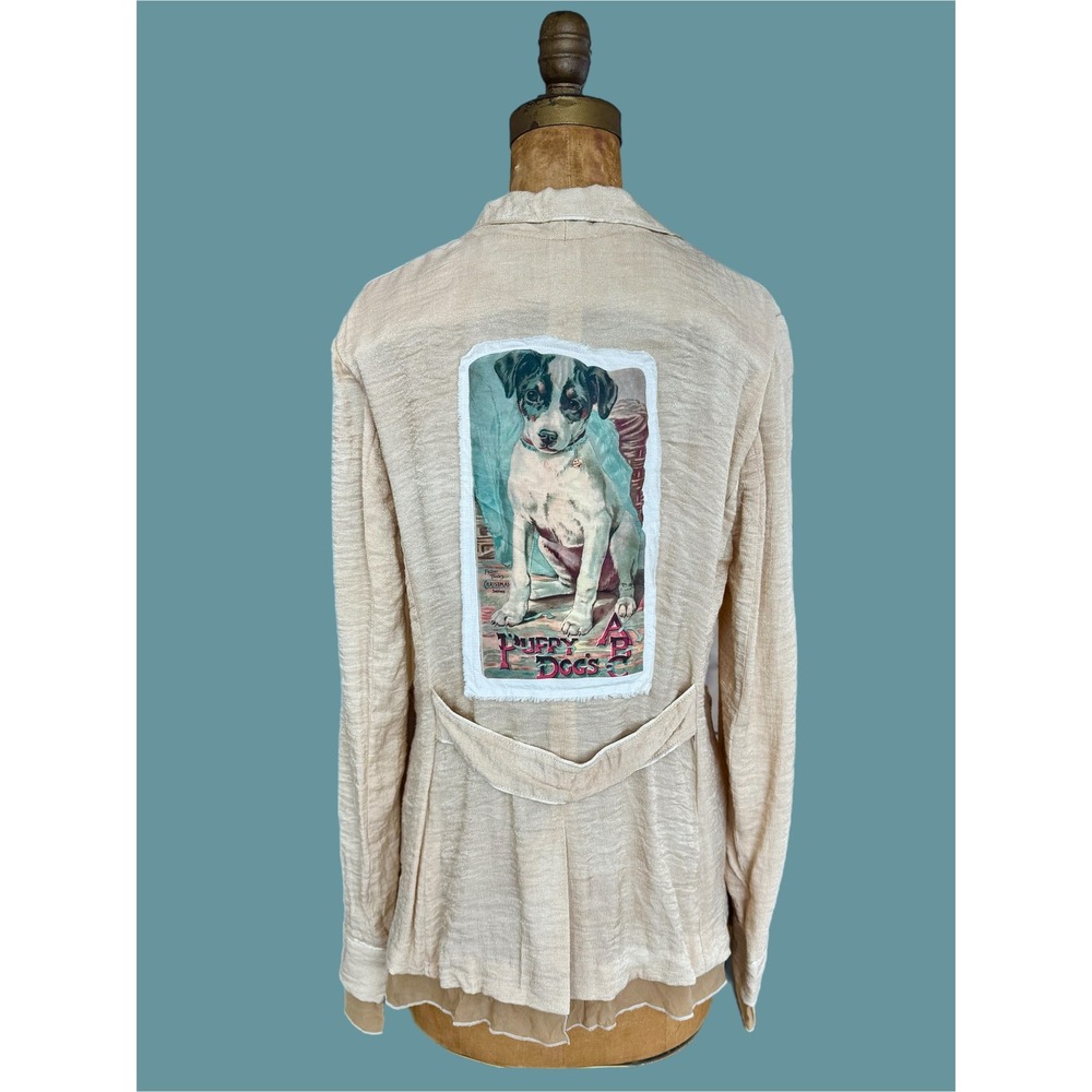 Boho Romantic Blazer Jacket L Vintage Artwork Puppy Patch Cottagecore‎ style